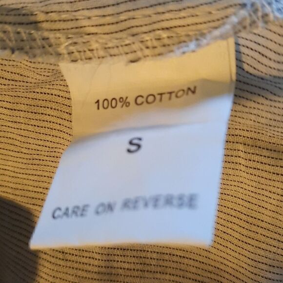 New York and Co Pin Striped Ruffle Buttoned Blouse Cotton Tunic - Picture 7 of 8